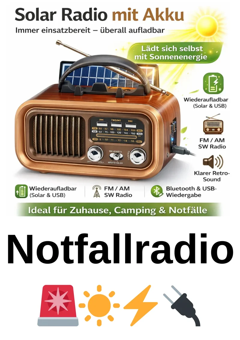 Solar Notfall Radio mit Bluetooth – AM/FM, Akku, Batterie & USB, Tragbar
