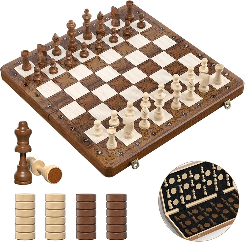 Magnetisches Schachspiel 2in1 Holz klappbar 39cm mit Dame Set für Kinder & Erwachsene