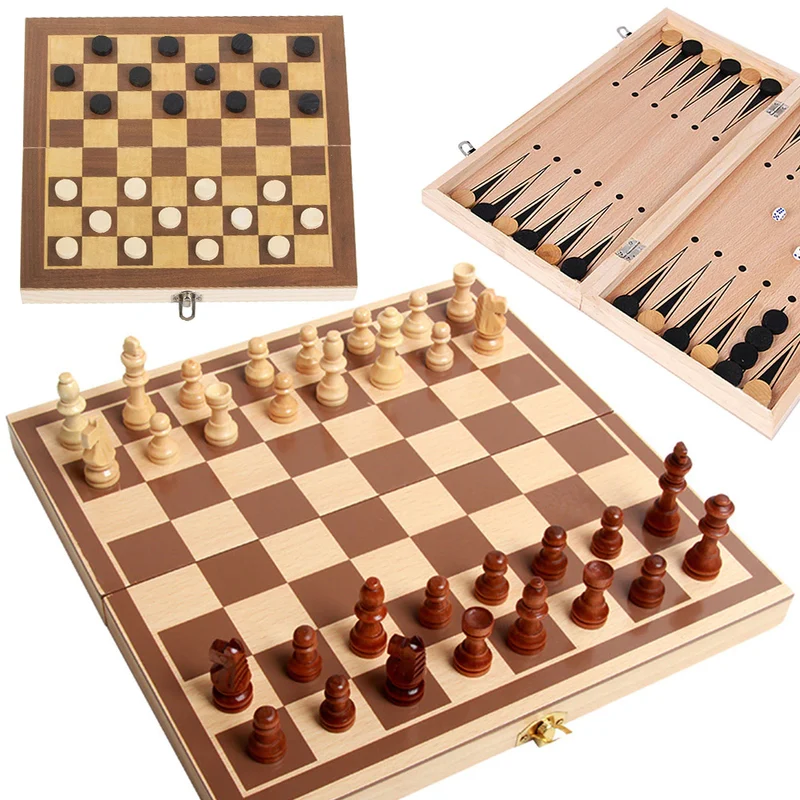 3-in-1 Schachspiel aus Holz mit Dame und Backgammon – Klappbares Familienspiel & Reisespiel 29,5 x 29,5 cm