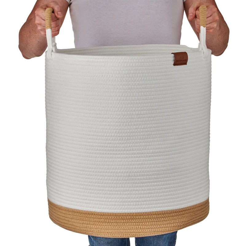 Wäschekorb JUNA Ø46xH48 cm Weiß/80L aus 100% Baumwolle - Handgemacht und Pflegeleicht
