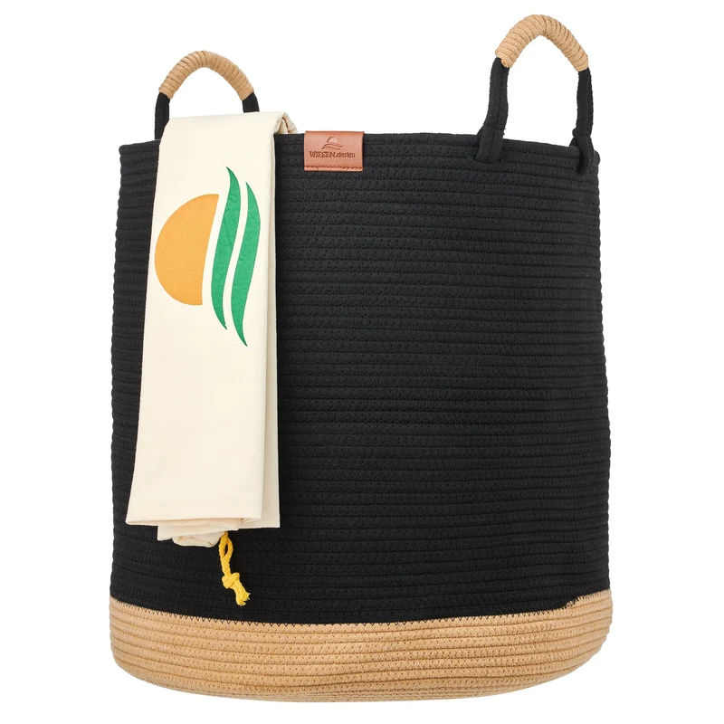 Wäschekorb JUNA Ø41xH46 cm Schwarz/61L aus 100% Baumwolle - Handgemacht und Pflegeleicht