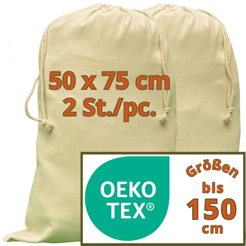 Wäschesack - 280 g/m² OEKO-TEX® zertifizierte Heavy-Duty Baumwolle, 50x75 cm - 2 St. Wäschebeutel, Laundry bag, Wäschebeutel Reise
