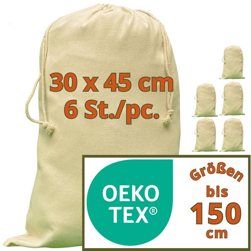 Schuhbeutel - 280 g/m² OEKO-TEX® zertifizierte Heavy-Duty Baumwolle, 30x45 cm - 6 St. Schuhbeutel Reise, Baumwollsäckchen zum befüllen