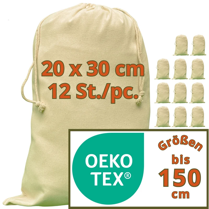 Beutel - 280 g/m² OEKO-TEX® zertifizierte Heavy-Duty Baumwolle, 20x30 cm - 12 St. Stoffbeutel mit Kordelzug, Plotter Rohlige, Geschenksäckchen