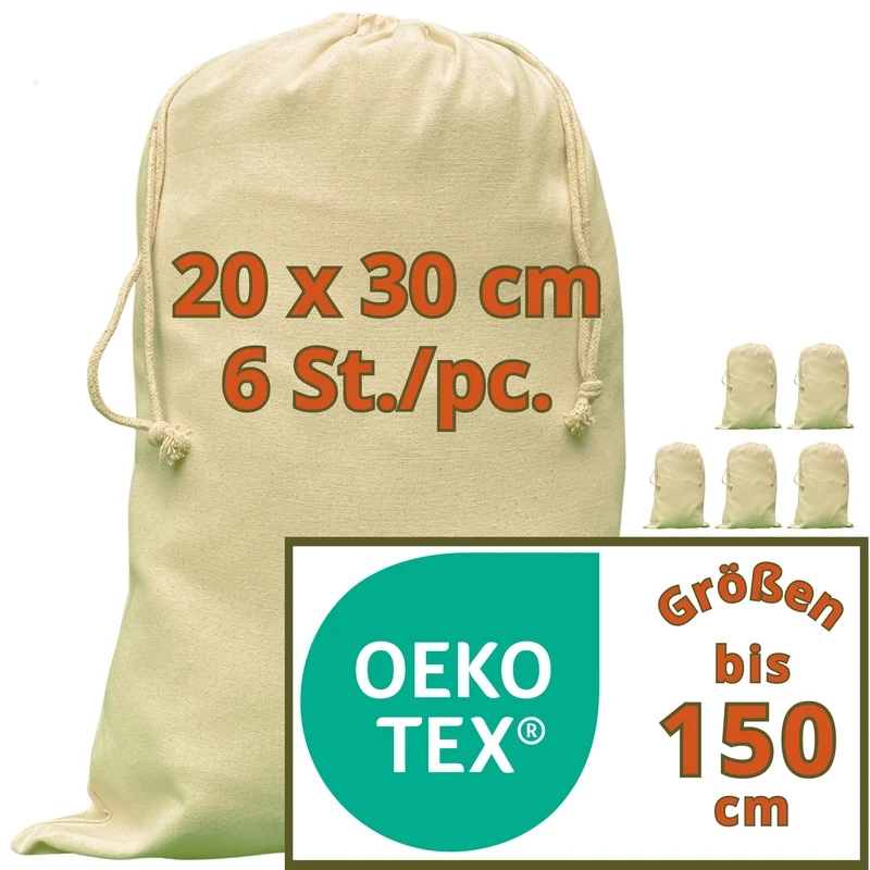 Stoffbeutel - 280 g/m² OEKO-TEX® zertifizierte Heavy-Duty Baumwolle, 20x30 cm - 6 St. Kleine Stoffsäckchen, Gift bags, Rohlinge zum beplotten