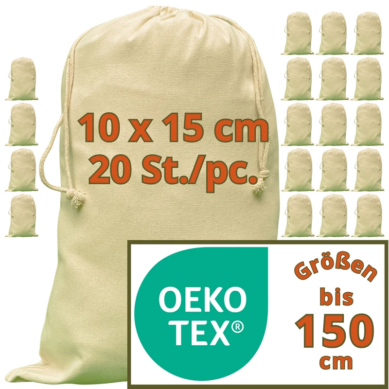 Stoffsäckchen - 280 g/m² OEKO-TEX® zertifizierte Heavy-Duty Baumwolle, 10x15 cm - 20 St. Kleine Säckchen, Beutel zum Bemalen, kleine Stoffbeutel
