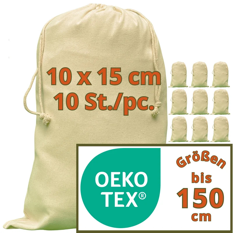 Baumwollsäckchen - 280 g/m² OEKO-TEX® zertifizierte Heavy-Duty Baumwolle, 10x15 cm - 10 St. Säckchen, Säckchen zum befüllen, Stoffbeutel klein