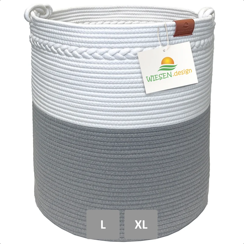 Wäschekorb KNUT Ø41xH46 cm Grau/Weiß/61L aus 100% Baumwolle - Handgemacht und Pflegeleicht