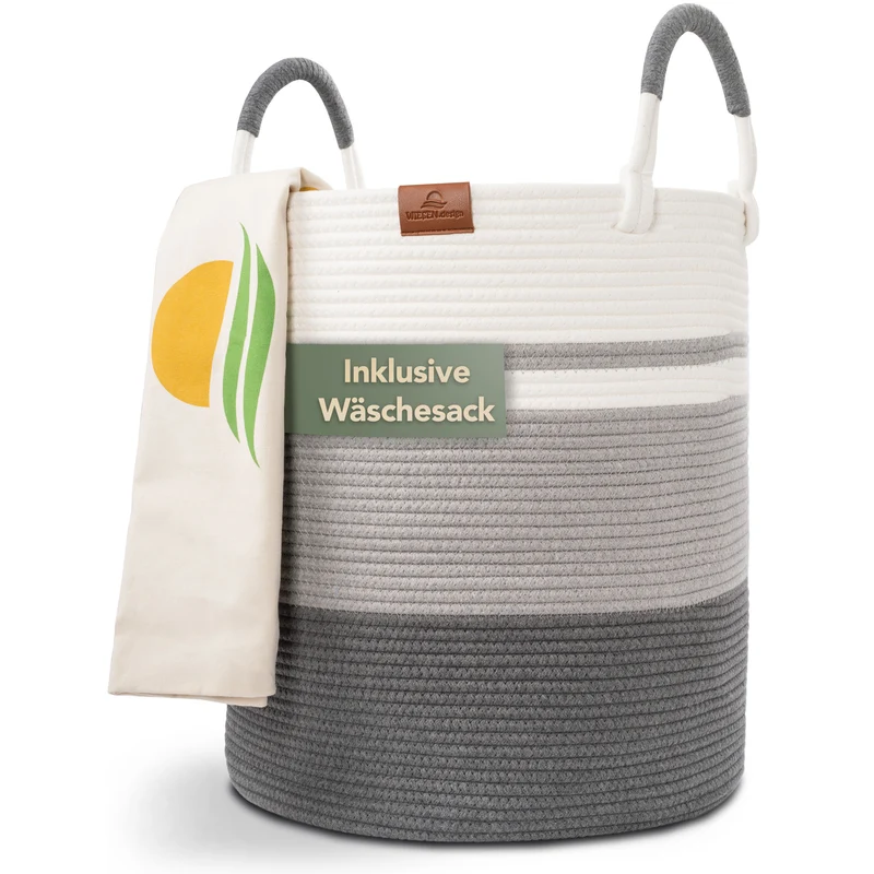 Wäschekorb EMILIA Ø41xH46 cm Grau/Weiß/61L aus 100% Baumwolle - Handgemacht und Pflegeleicht