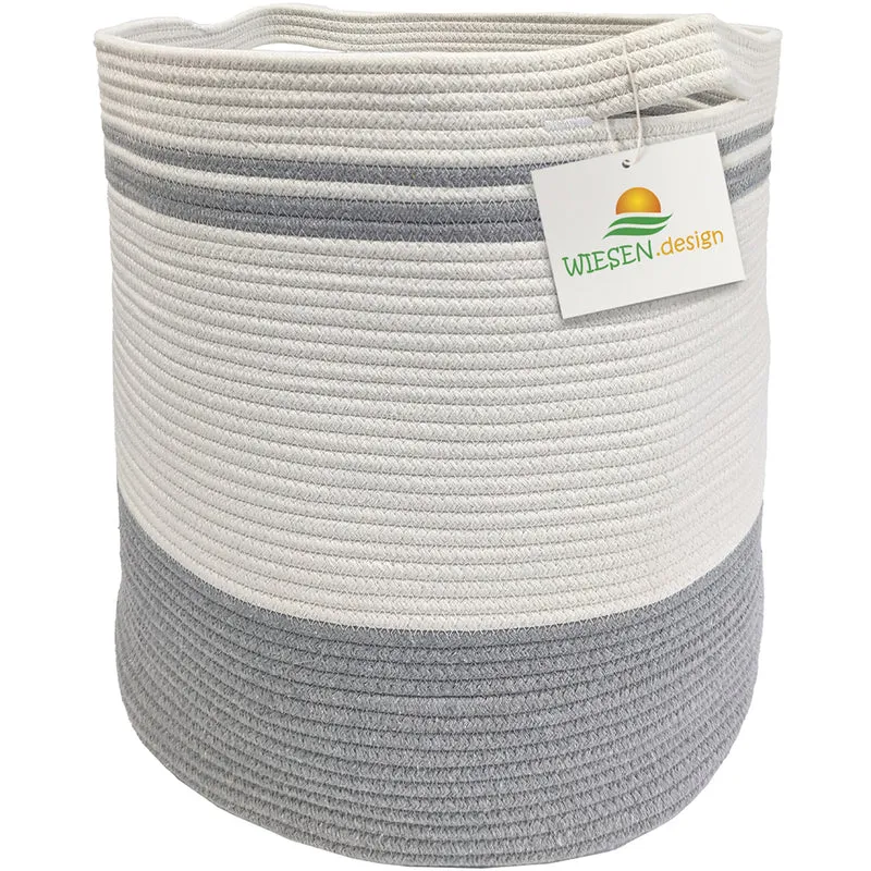 Wäschekorb BEN Ø41xH46 cm Grau/Weiß/61L aus 100% Baumwolle - Handgemacht und Pflegeleicht