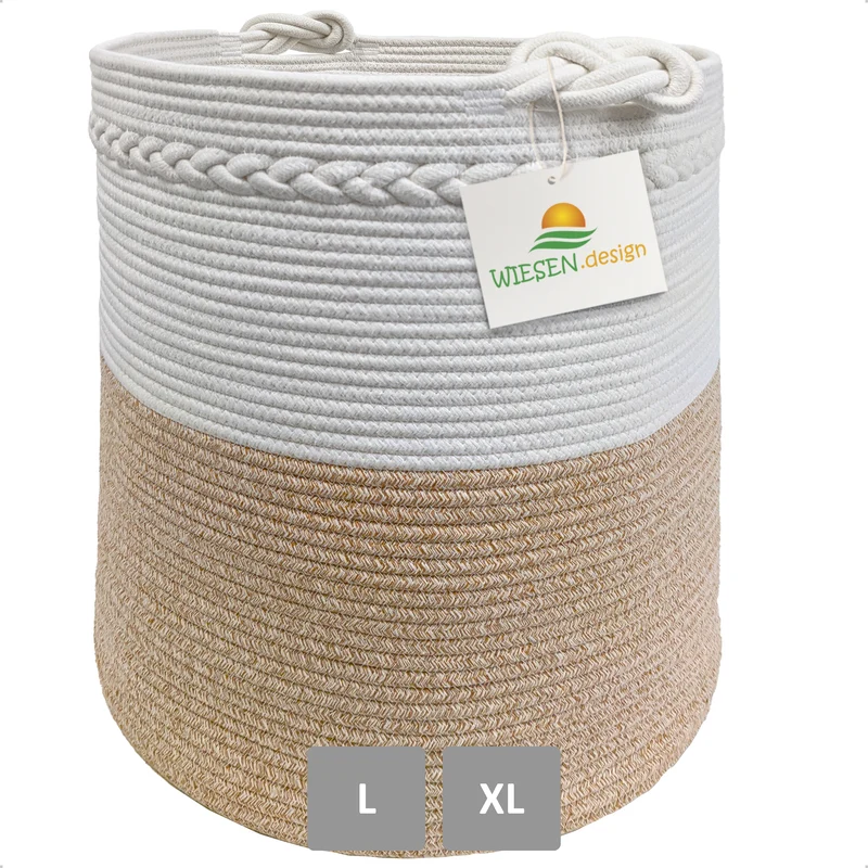 Wäschekorb KNUT Ø41xH46 cm Hellbraun/Weiß/61L aus 100% Baumwolle - Handgemacht und Pflegeleicht