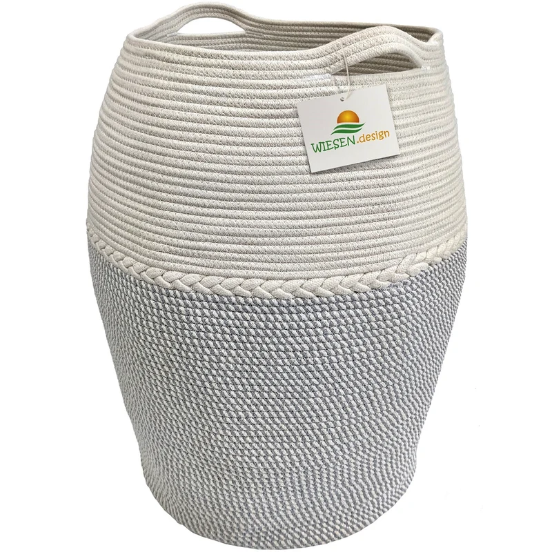 Wäschekorb JAMILA Ø39/49xH65 cm Hellgrau/Weiß/105L aus 100% Baumwolle - Handgemacht und Pflegeleicht