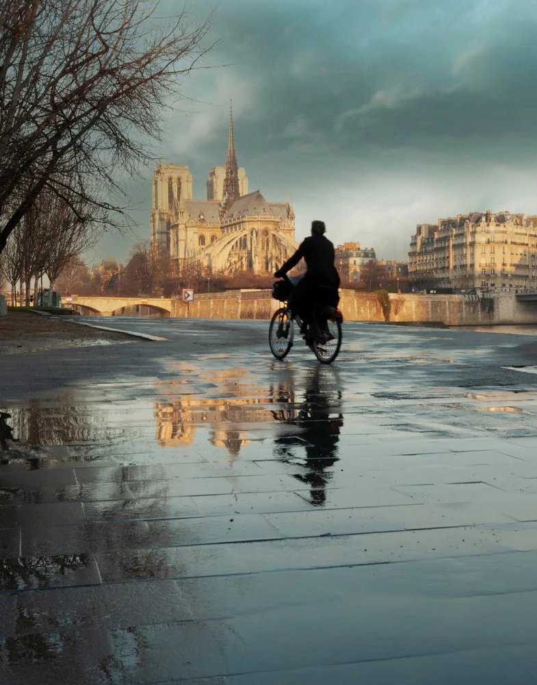 Cyclist Notre Dame Reflection