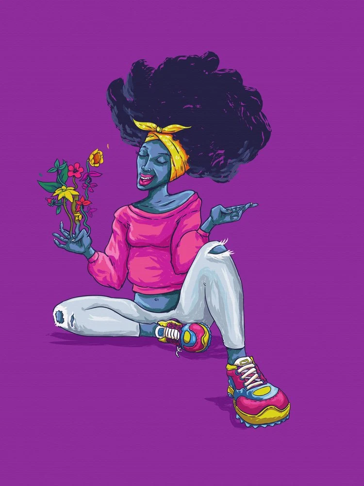 Joyful Afro Woman Flowers