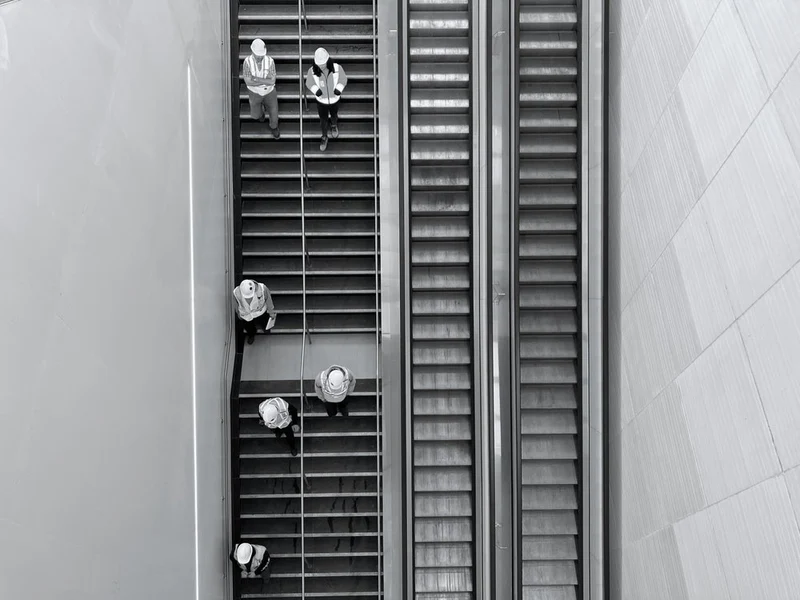 Hard Hats on Modern Stairs