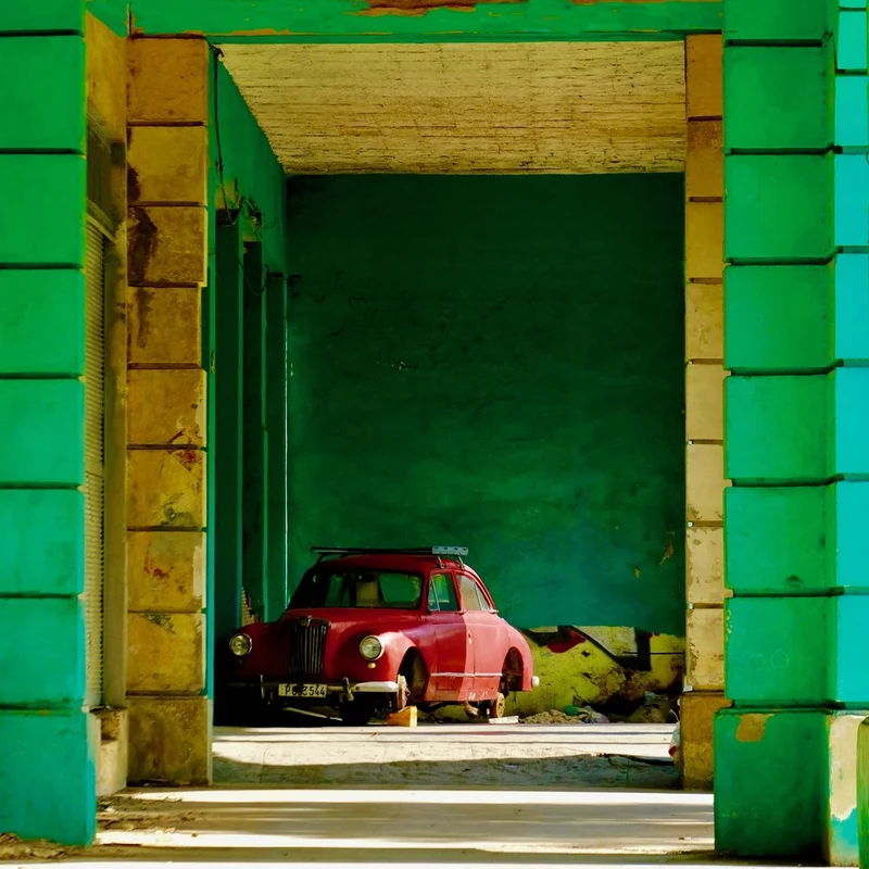 Vintage Red Car Green Archway