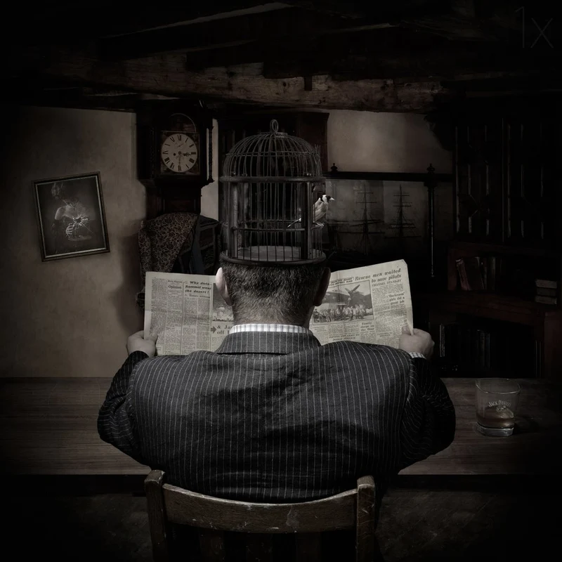 Man Reading Birdcage Head