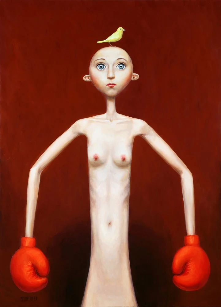 Bald Woman Red Gloves