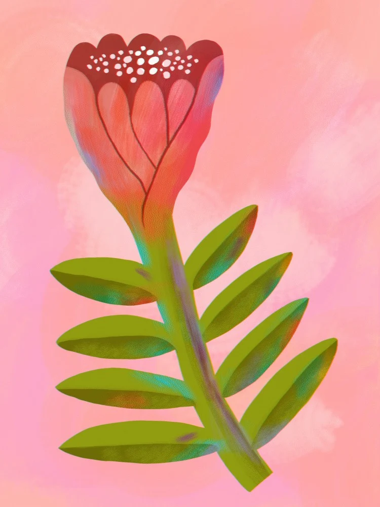 Stylized Flower with Green Leaves
