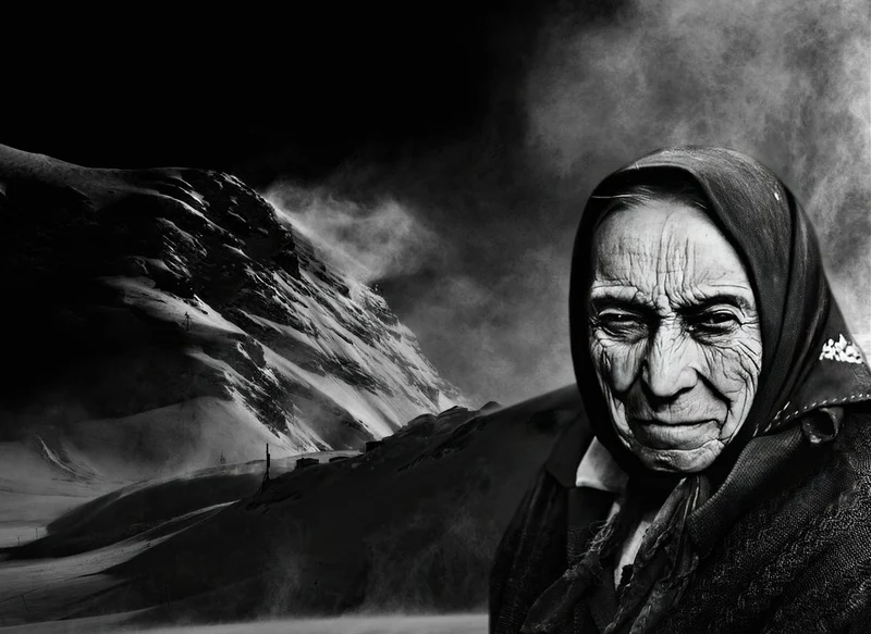 Stoic Woman Snowy Peaks