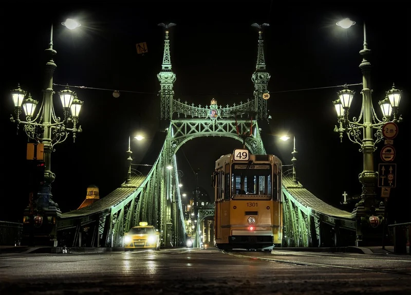 Yellow Tram Bridge Night
