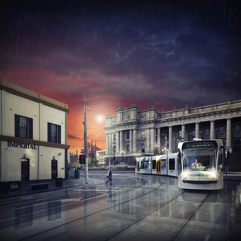 Trams on a Rainy Evening