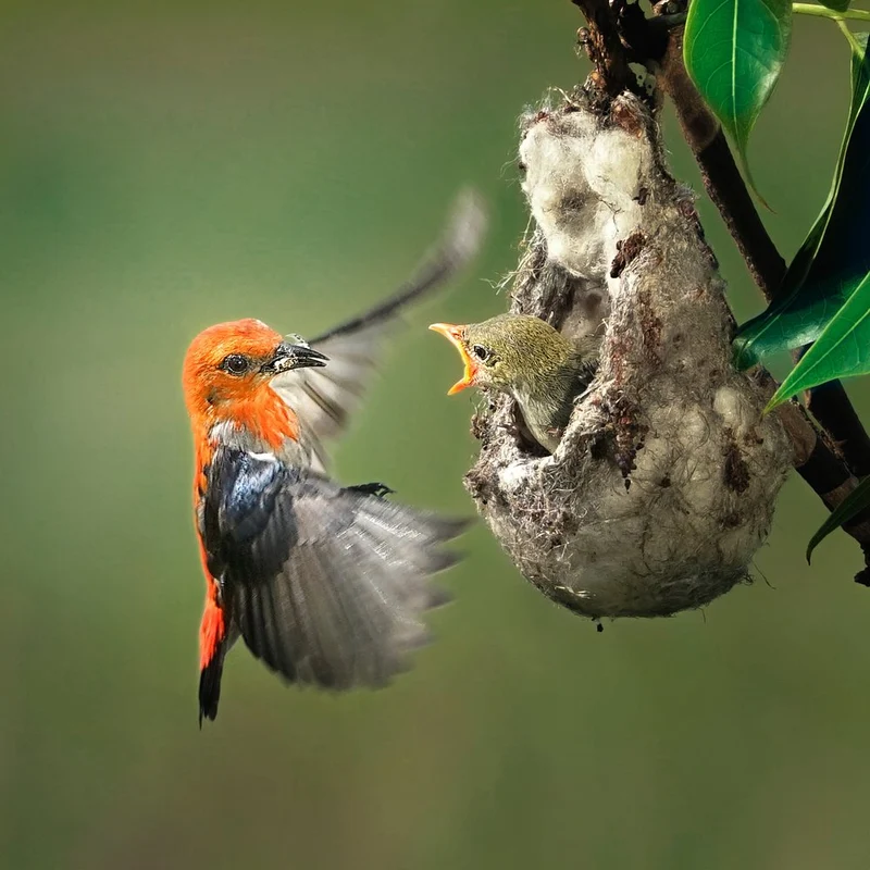 Orange Bird Feeds Chick