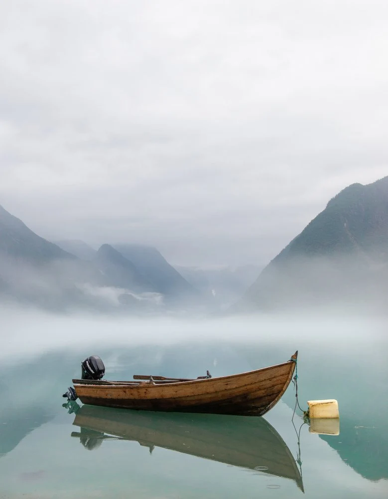 Wooden Boat Misty Lake