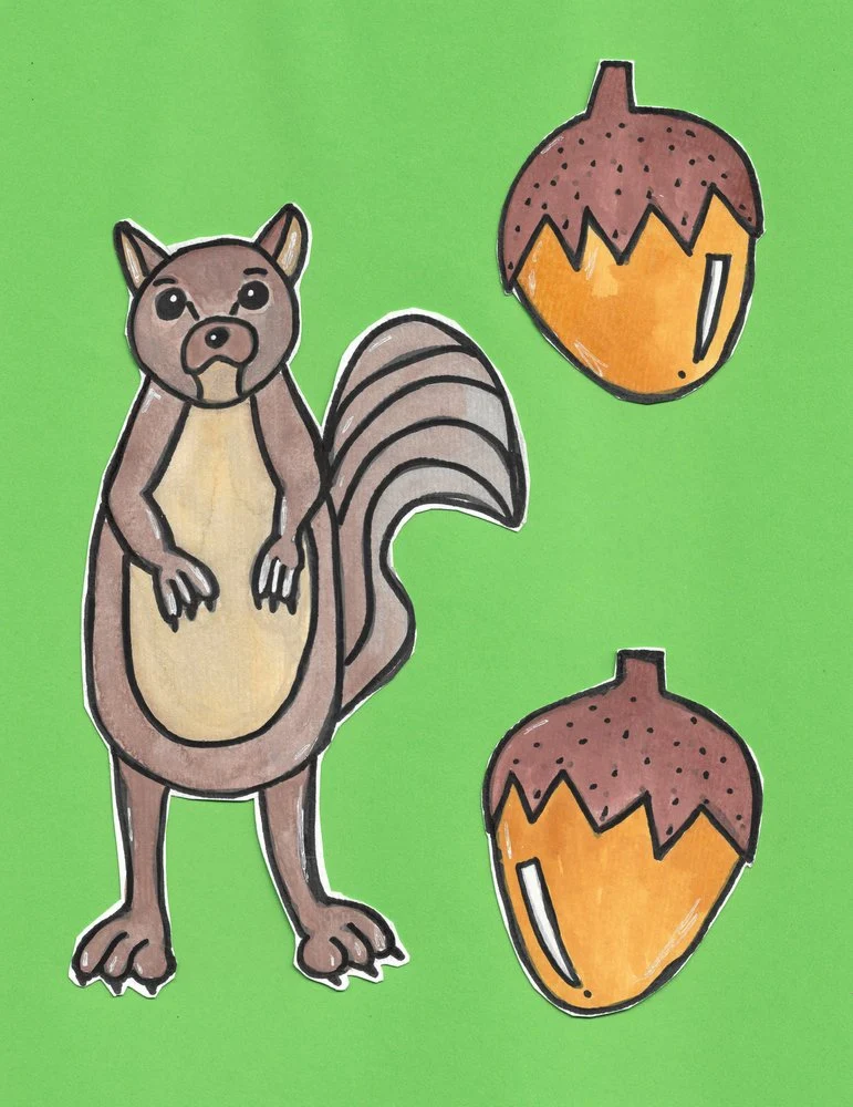 Playful Squirrel and Acorns