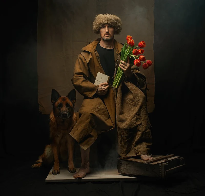 Man With Dog And Tulips