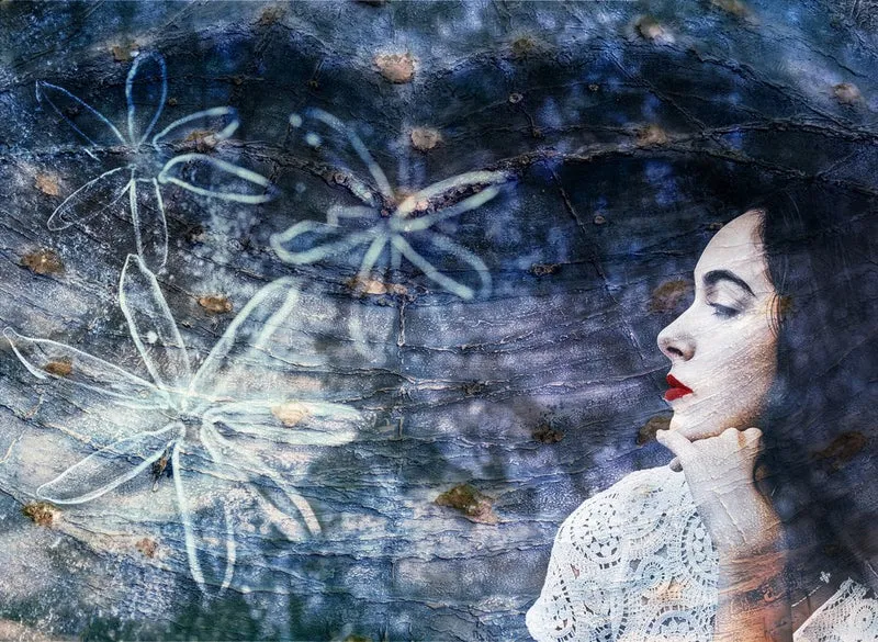 Pensive Woman Blue Flowers