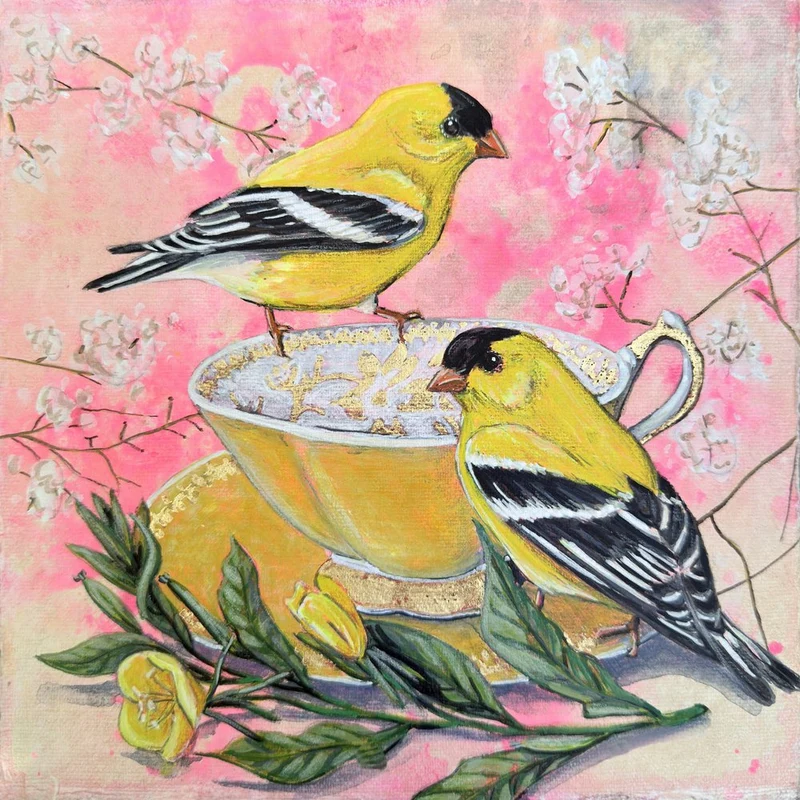 Spring Goldfinches and Teacup
