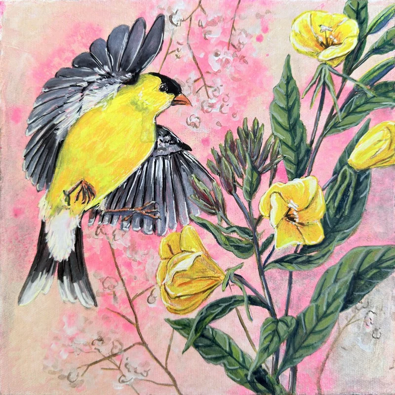 Vibrant Goldfinch and Yellow Blooms
