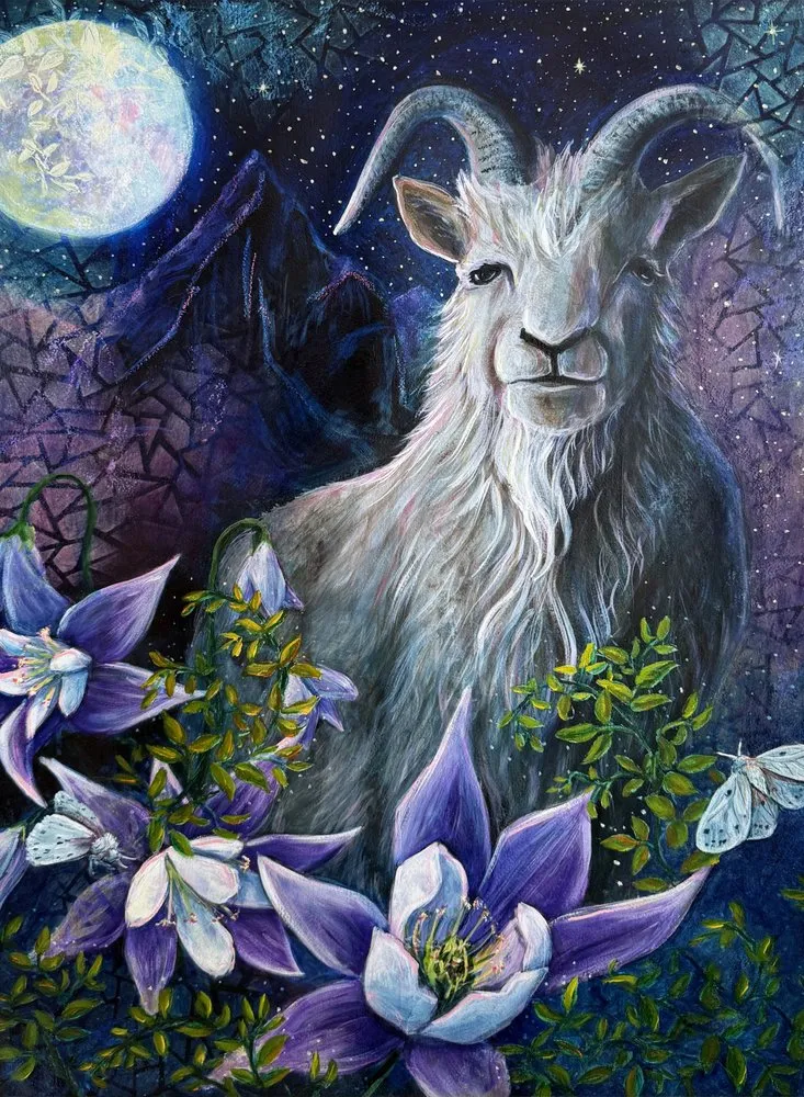 "Capricorn Season" Goat Full Moon and Columbine Flowers By Renee Machan