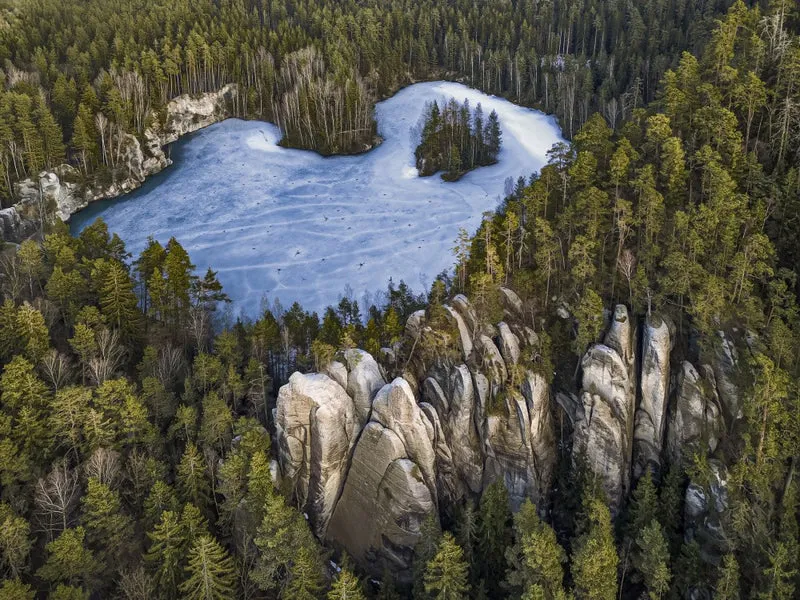 rock town with lake