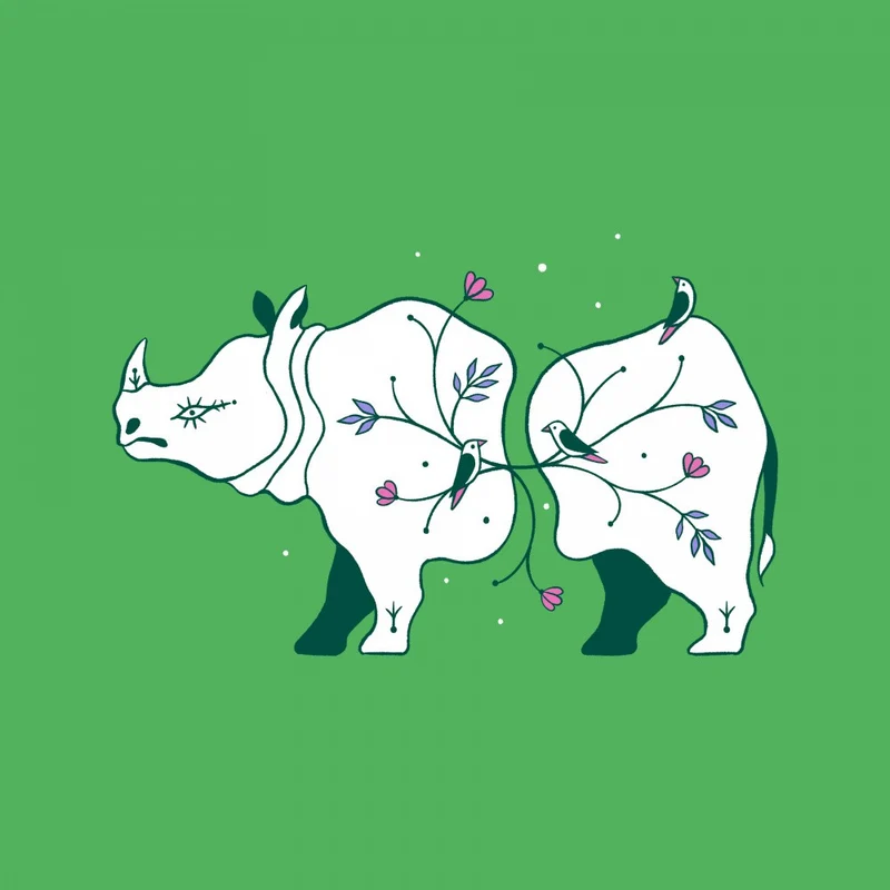 Rhinos with Botanical Elements and Birds