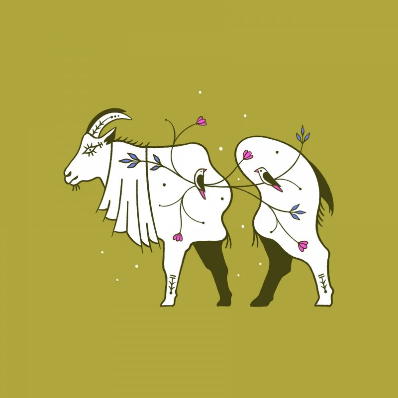 White Goat adorned with Floral Elements and Birds