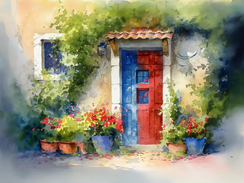 Watercolor Blue and Red Door