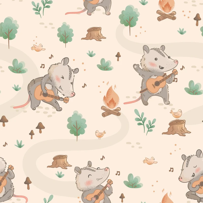 Cute Opossums Playing Guitars In the Forest Beige