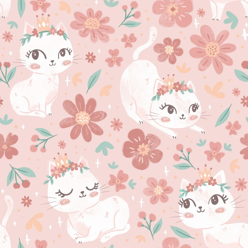 Princess Cat Pattern – White Kittens with Crowns