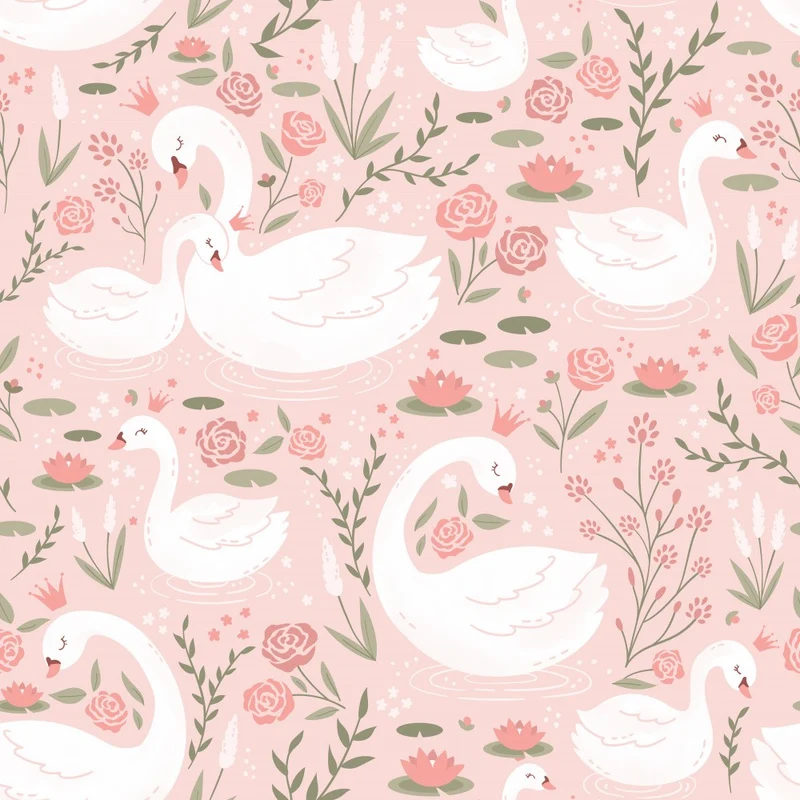White Swans With Crowns and Lilies On Lake Pink 02
