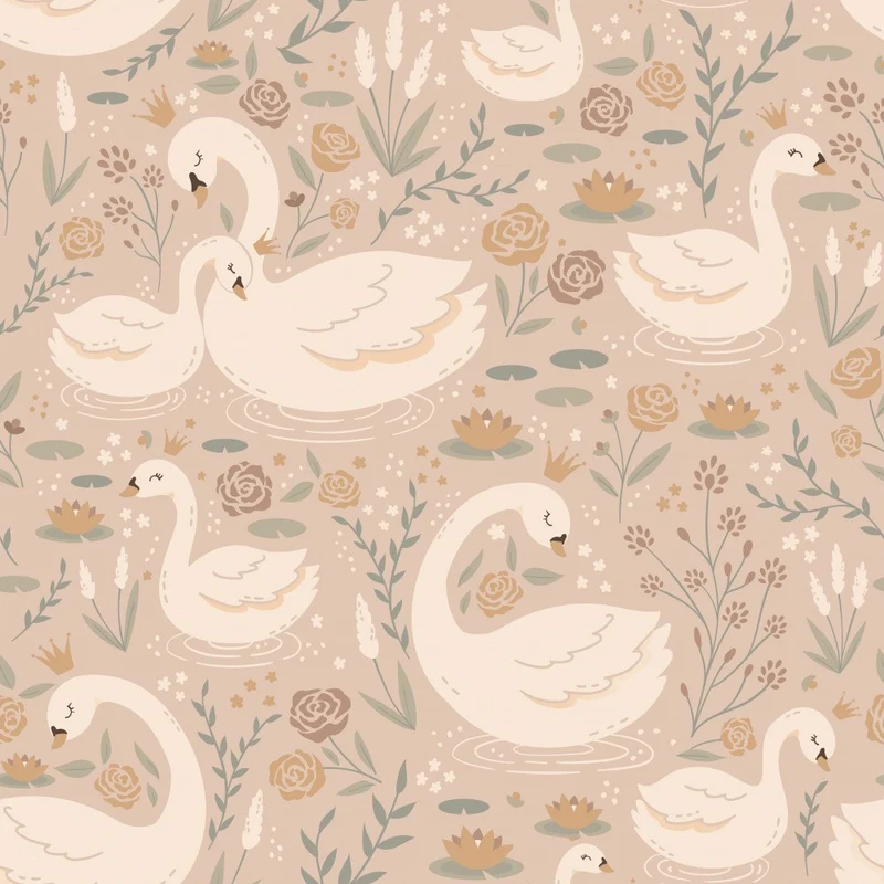 White Swans With Crowns and Lilies On Lake Brown