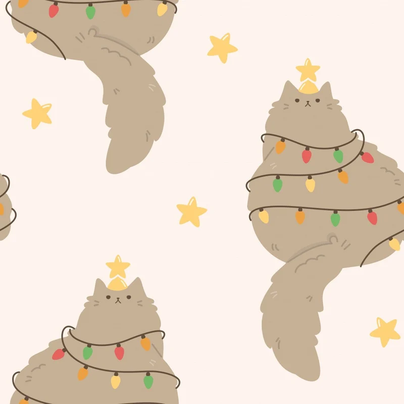Christmas Cat Pattern – Fluffy Kittens Wrapped in Lights as Christmas Trees - Beige