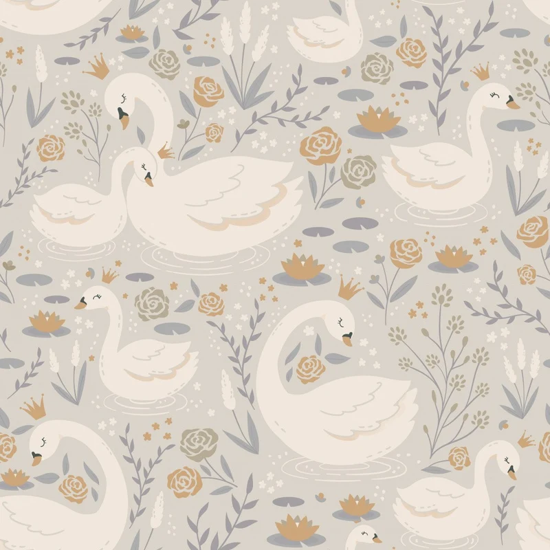 White Swans With Crowns and Lilies On Lake Blue