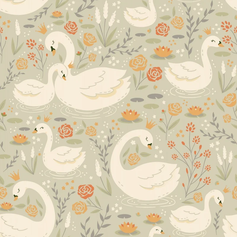 White Swans With Crowns and Lilies On Lake Green