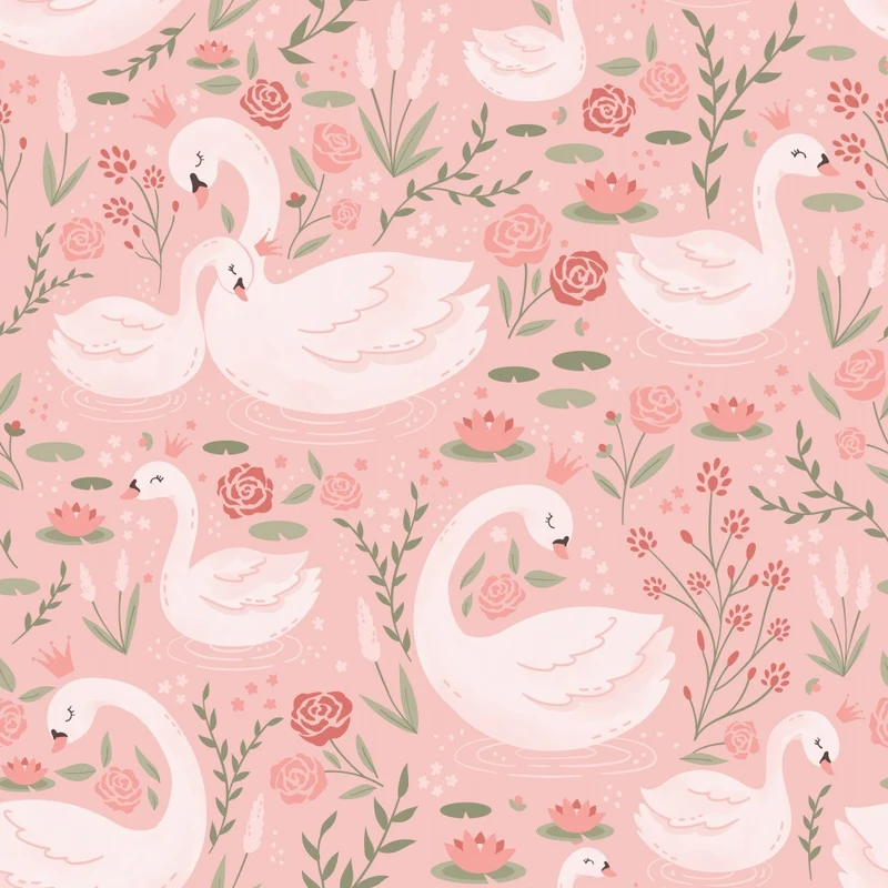 White Swans With Crowns and Lilies On Lake Pink