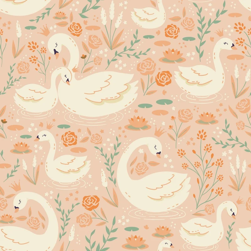 White Swans With Crowns and Lilies On Lake - Orange