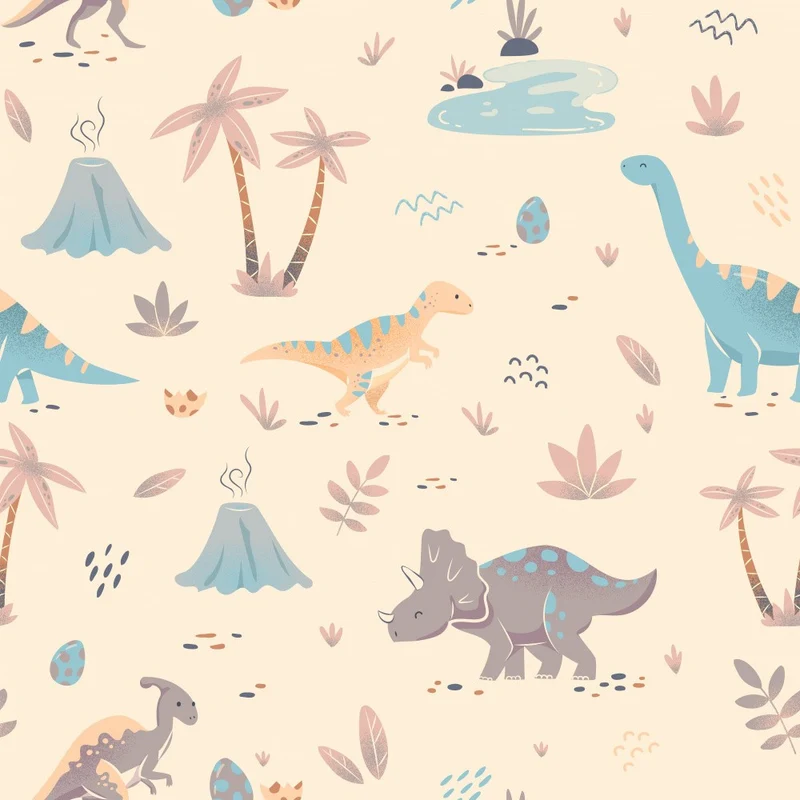 Dinosaurs In An Exotic Park With Palms - Beige