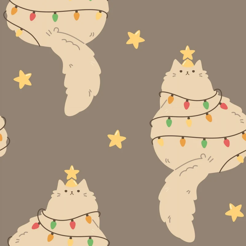 Christmas Cat Pattern – Fluffy Kittens Wrapped in Lights as Christmas Trees - Dark