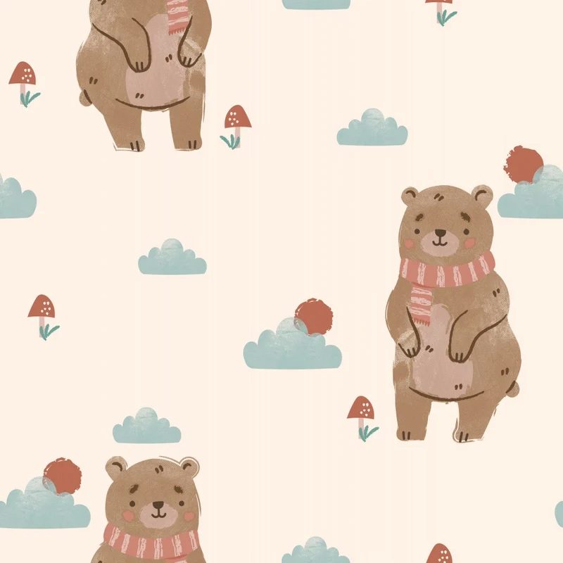 Cute Bears Among Clouds and Mushrooms